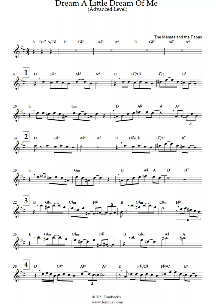 Dream a Little Dream of Me (Advanced Level)The Mamas & the Papas—Clarinet Sheet Music