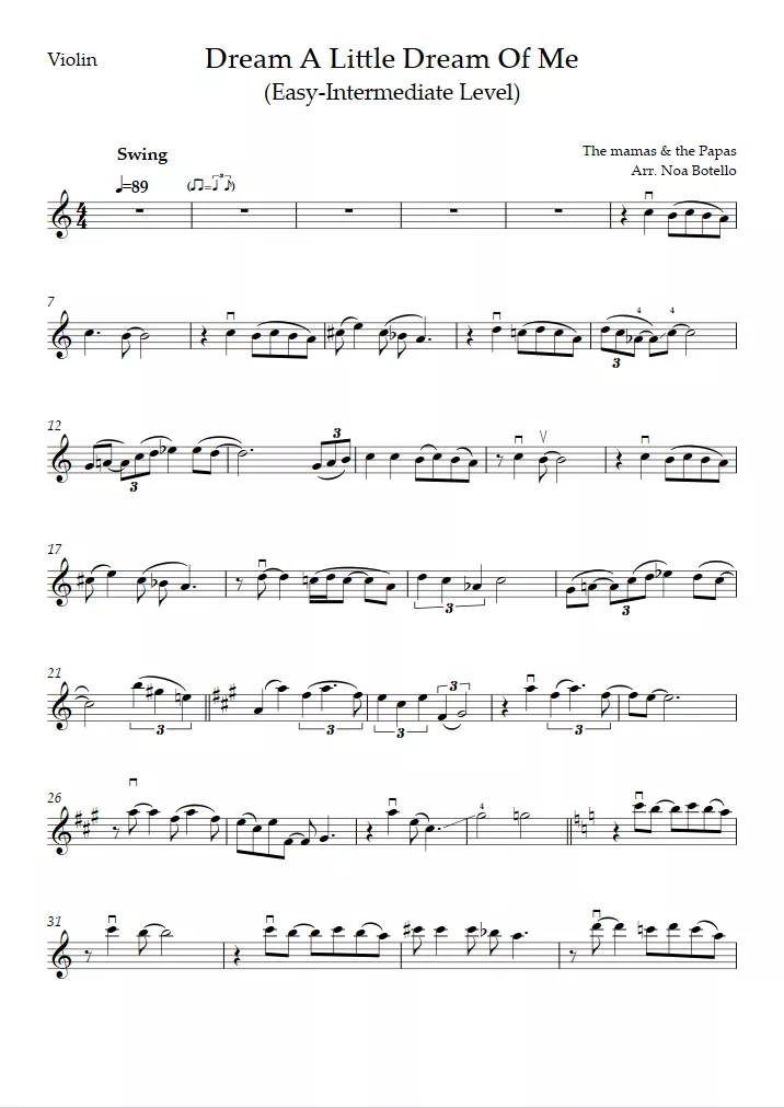 Dream a Little Dream of Me (Easy/Intermediate Level)The Mamas & the Papas—Violin Sheet Music