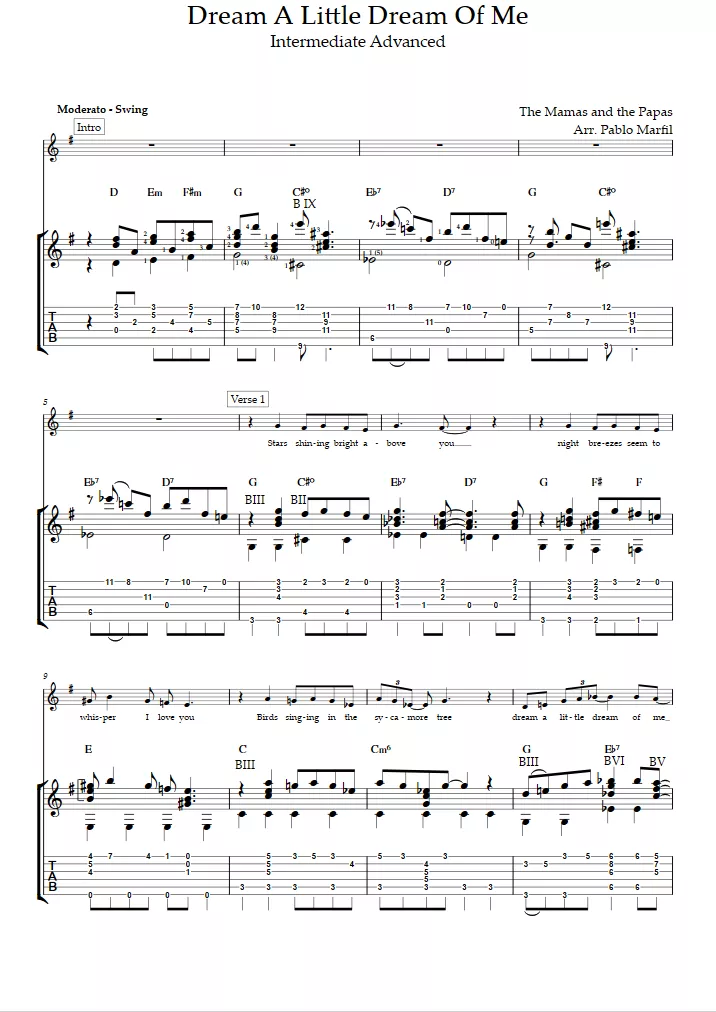 Dream a Little Dream of Me (Intermediate/Advanced Level, with Orchestra)The Mamas & the Papas—Tabs and Sheet Music for Guitar