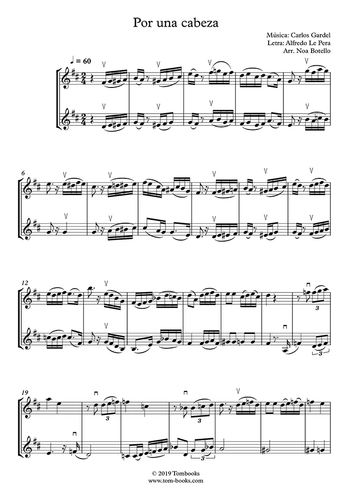 Por una Cabeza (in D Major, Easy/Intermediate Level, Violin 1)Carlos Gardel—Violin Sheet Music