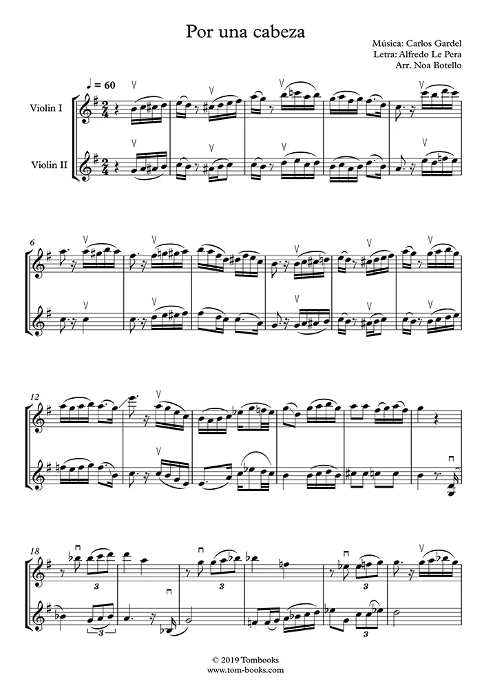 Por una Cabeza (in G Major, Upper Advanced Level, Violin 1)Carlos Gardel—Violin Sheet Music